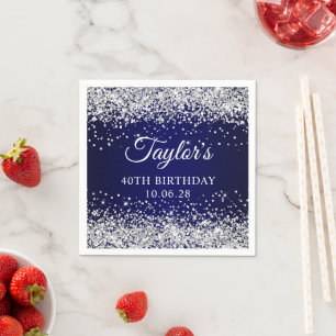 Silver Glitter and Navy Blue 40th Birthday Napkin