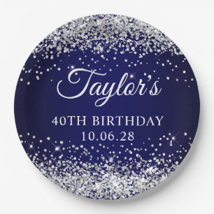 Silver Glitter and Navy Blue 40th Birthday Paper Plate