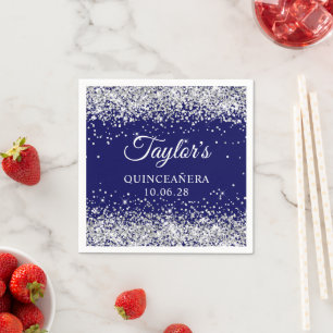 Silver Glitter and Navy Blue Quinceañera Napkin