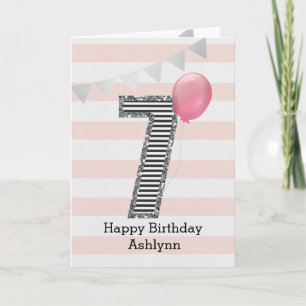 Silver Glitter and Pink 7th Birthday Card