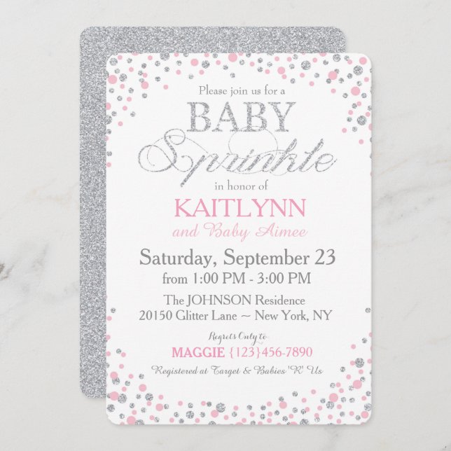 Silver Glitter and Pink Sprinkle Baby Shower Invitation (Front/Back)