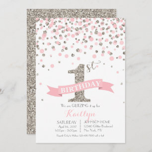 Silver Glitter and Pink Sprinkles Modern Birthday Invitation