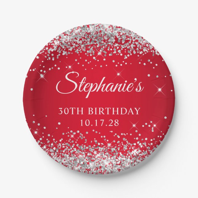 Silver Glitter and Red 30th Birthday Paper Plate (Front)