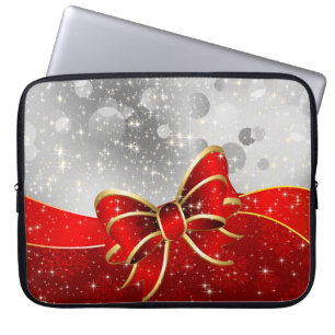 Silver Glitter And Red Christmas Sparkles Bow Laptop Sleeve
