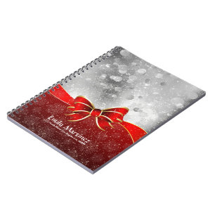 Silver Glitter And Red Christmas Sparkles Bow Spiral Notebook