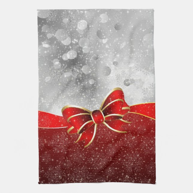 Silver Glitter And Red Christmas Sparkles Bow Tea Towel (Vertical)