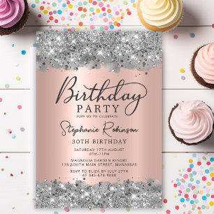 Silver Glitter and Rose Gold Foil 30th Birthday Invitation