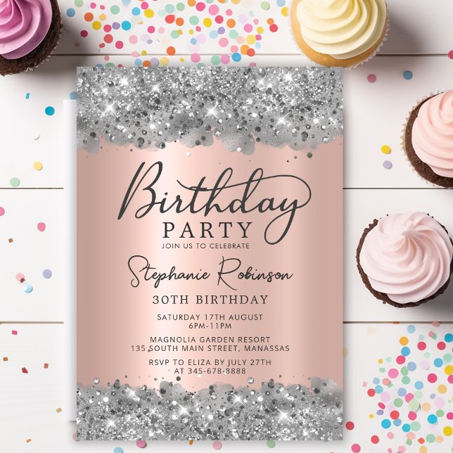 Silver Glitter and Rose Gold Foil 30th Birthday Invitation (Creator Uploaded)