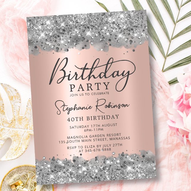 Silver Glitter and Rose Gold Foil 40th Birthday Invitation (Creator Uploaded)