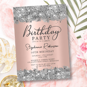 Silver Glitter and Rose Gold Foil 50th Birthday Invitation