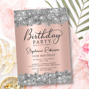 Silver Glitter and Rose Gold Metal 70th Birthday Invitation