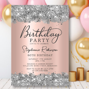 Silver Glitter and Rose Gold Metal 90th Birthday Invitation