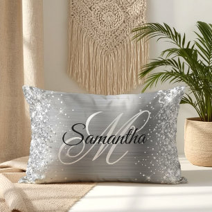 Silver Glitter and Shiny Satin Foil Fancy Monogram Lumbar Cushion