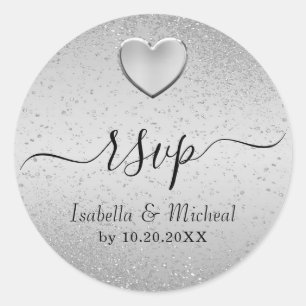 Silver Glitter and Silver Heart - RSVP Classic Round Sticker