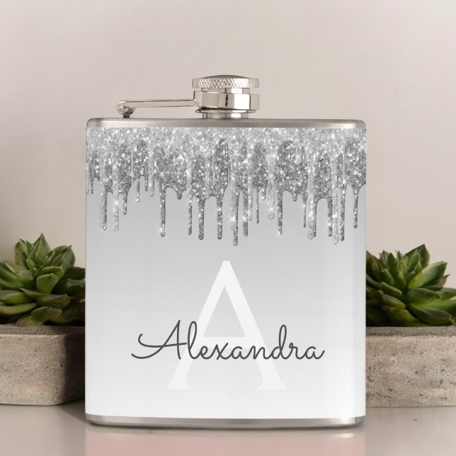 Silver Glitter and Sparkle Monogram Hip Flask (Creator Uploaded)