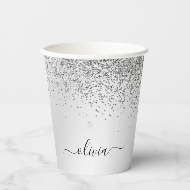 Silver Glitter and Sparkle Monogram Paper Cups (Front)