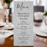 Silver Glitter and Sparkle Wedding Menu<br><div class="desc">Silver Glitter and Sparkle Wedding Menu. This girly modern Script Wedding Menu can be customised to include the names of the Bride and Groom,  the wedding date and the wedding dinner menu options.</div>