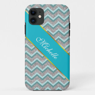 Silver Glitter and Teal ZigZag Case-Mate iPhone Case