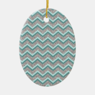 Silver Glitter and Teal ZigZag Ceramic Tree Decoration