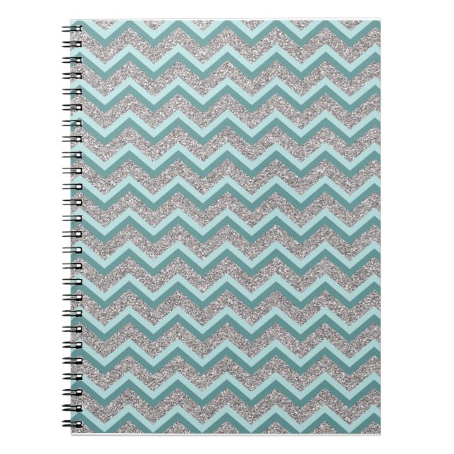 Silver Glitter and Teal ZigZag Spiral Notebook (Front)