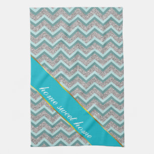 Silver Glitter and Teal ZigZag Tea Towel
