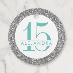 Silver Glitter and Turquoise Quince Años Favour Tags