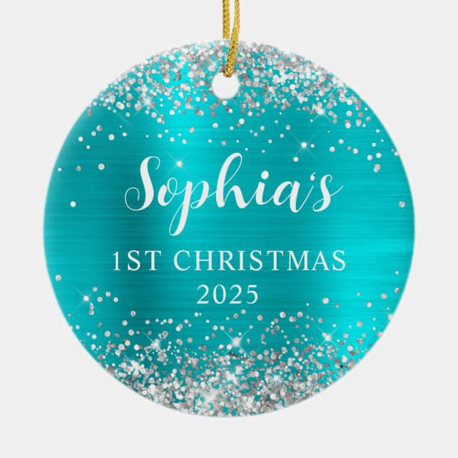 Silver Glitter Aqua Blue Foil 1st Christmas Photo Ceramic Tree Decoration (Front)