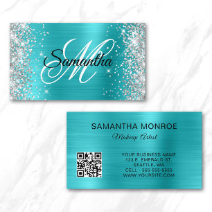 Silver Glitter Aqua Blue Foil Monogram QR Code Business Card