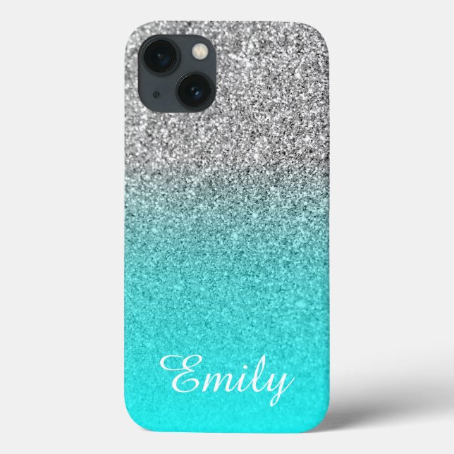 Silver Glitter Aqua Ombre Personalised Case-Mate iPhone Case (Back)