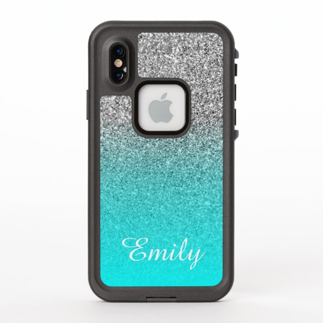 Silver Glitter Aqua Ombre Personalised LifeProof iPhone Case (Back)