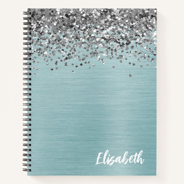 Silver Glitter Aqua Teal Brushed Metal Monogram Notebook (Front)