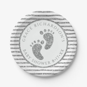Silver Glitter Baby Feet Baby Shower Personalised Paper Plate