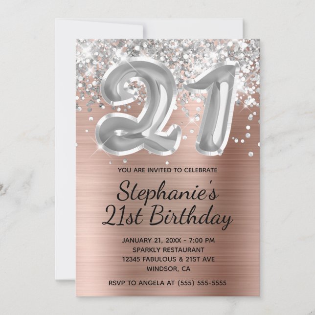 Silver Glitter Balloon Rose Gold 21st Birthday Invitation (Front)