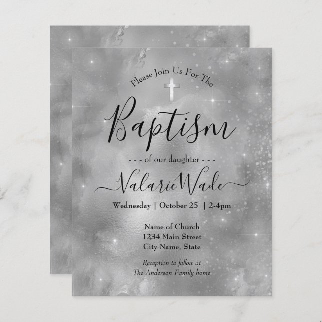Silver Glitter Baptism Budget Invitations (Front/Back)