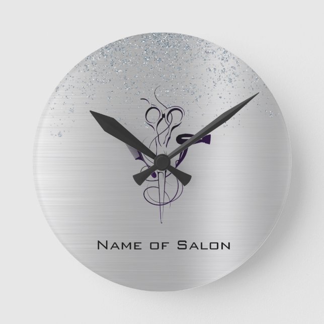 Silver Glitter Beauty Salon Round Clock (Front)