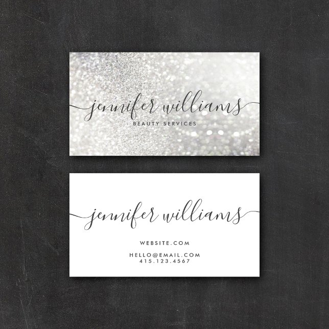 Silver Glitter Beauty Stylist Modern Calligraphy Business Card (Creator Uploaded)