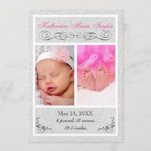 Silver Glitter - Birth Announcement