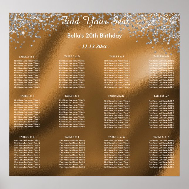 Silver Glitter Birthday Alphabetic Seating Plan Poster (Front)