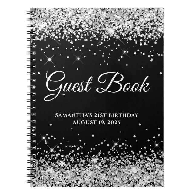 Silver Glitter Black 21st Birthday Guestbook Notebook (Front)