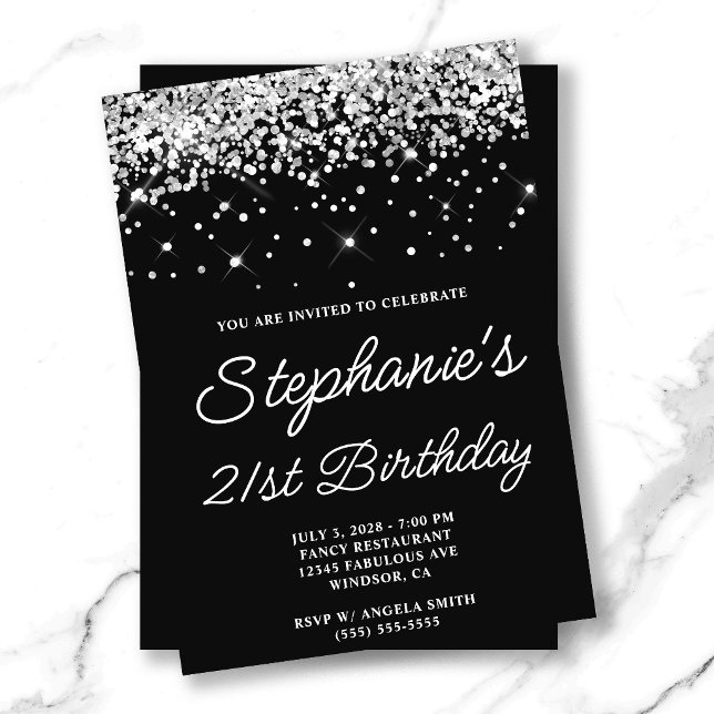 Silver Glitter Black 21st Birthday Invitation (Silver Glitter Black 21st Birthday Invitation)