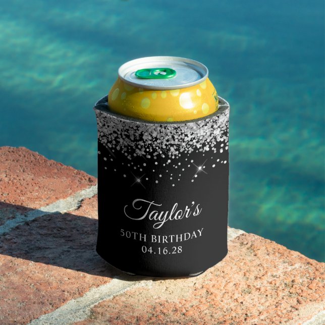Silver Glitter Black 50th Birthday Can Cooler (In Situ Pool)
