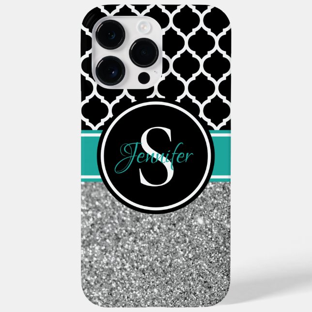 Silver Glitter Black and White Trellis Monogram Case-Mate iPhone Case (Back)