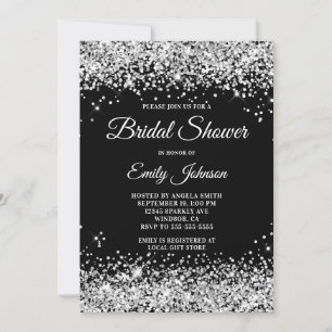 Silver Glitter Black Bridal Shower Fancy Script Invitation
