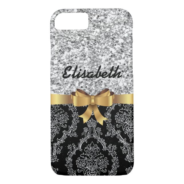 SILVER GLITTER  BLACK DAMASK  GOLDEN BOW MONOGRAM Case-Mate iPhone CASE (Back)