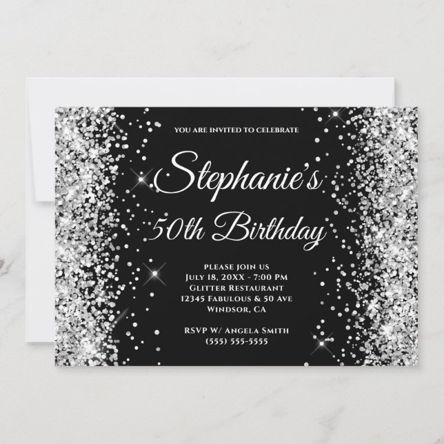 Silver Glitter Black Fancy Monogram Invitation (Front)