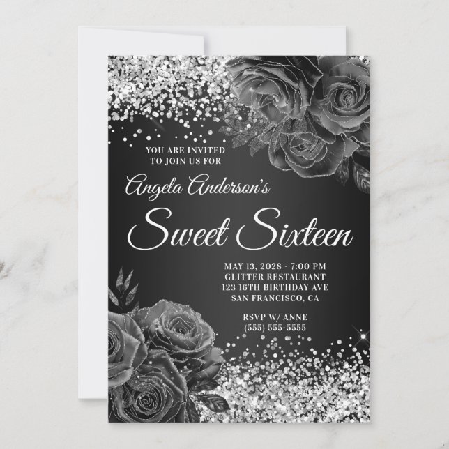 Silver Glitter Black Floral Glam Sweet Sixteen Invitation (Front)