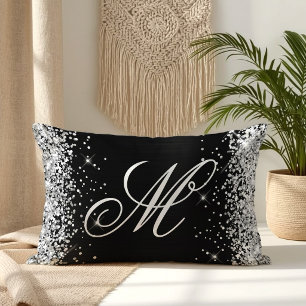 Silver Glitter Black Foil Fancy Monogrammed Lumbar Cushion