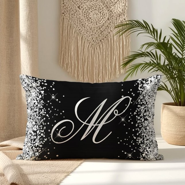 Silver Glitter Black Foil Fancy Monogrammed Lumbar Cushion (Silver Glitter Black Foil Fancy Monogrammed Lumbar Pillow)