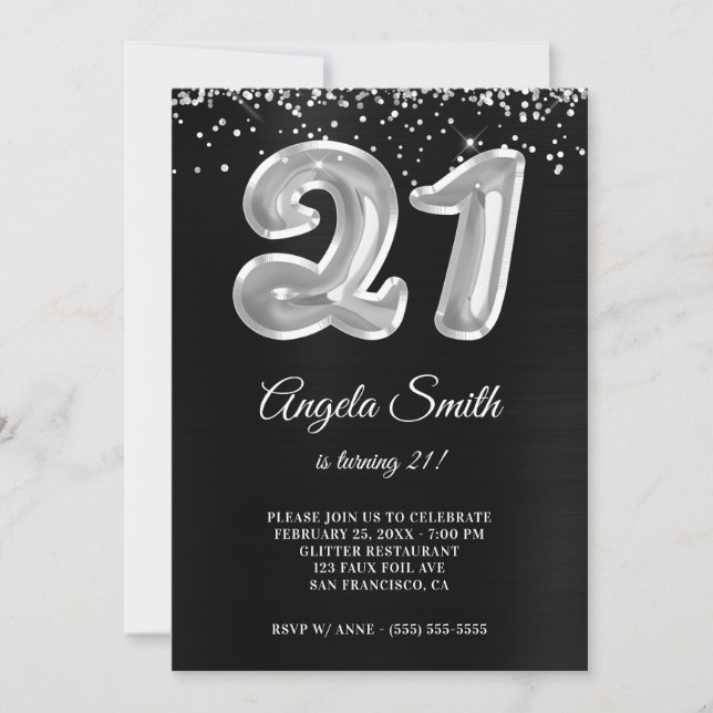 Silver Glitter Black Foil Number 21 Birthday Invitation (Front)