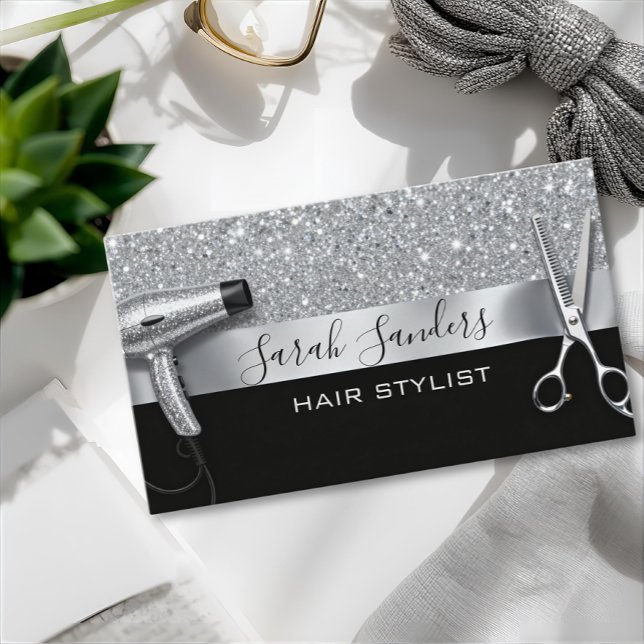 Silver Glitter & Black Glam Hair Stylist Business Card (Creator Uploaded)